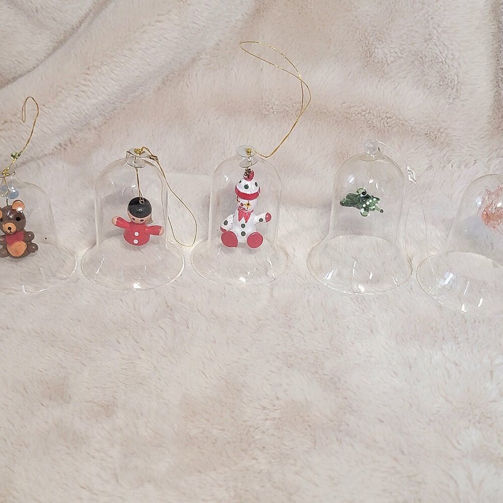 5 VTG Clear Glass Bells with Wooden / Glass Figurines Inside Christmas Ornaments